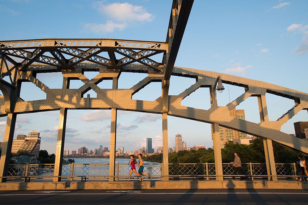 Views from the BU Bridge, two joggers running