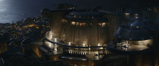 A city scene from Star Wars: The Last Jedi