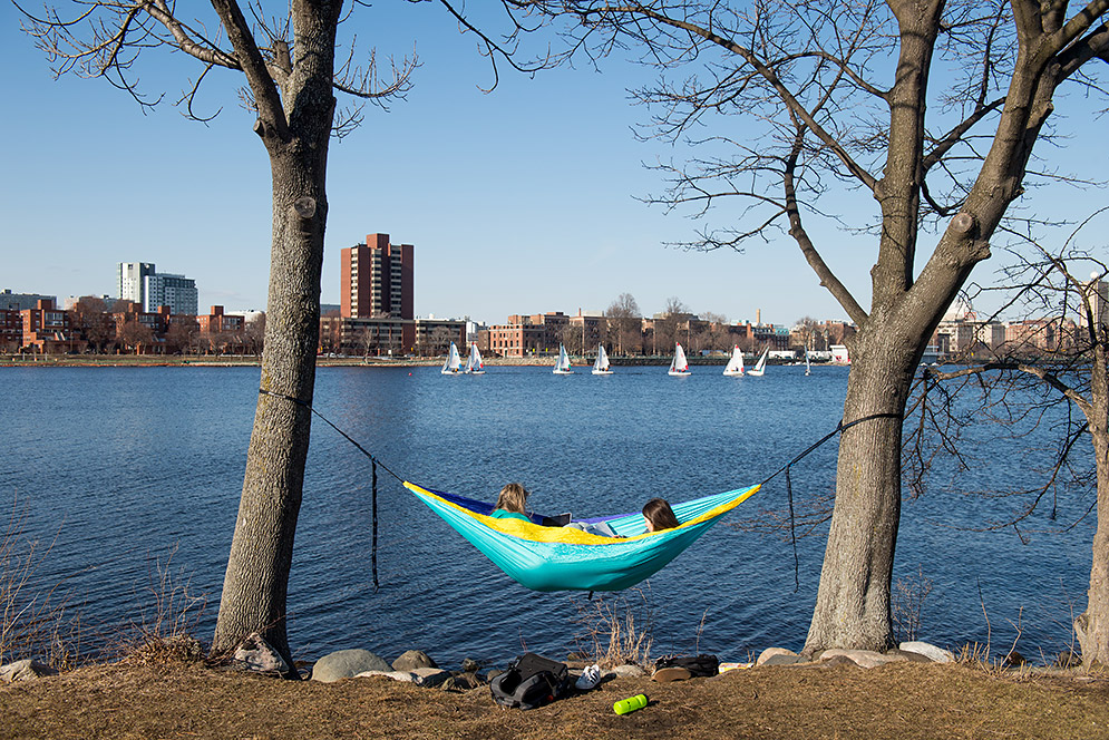 April: Kenzie Joyce (CAS’20) (left) and Victoria Russell (CAS’20) take advantage of a spring day by the Charles River.