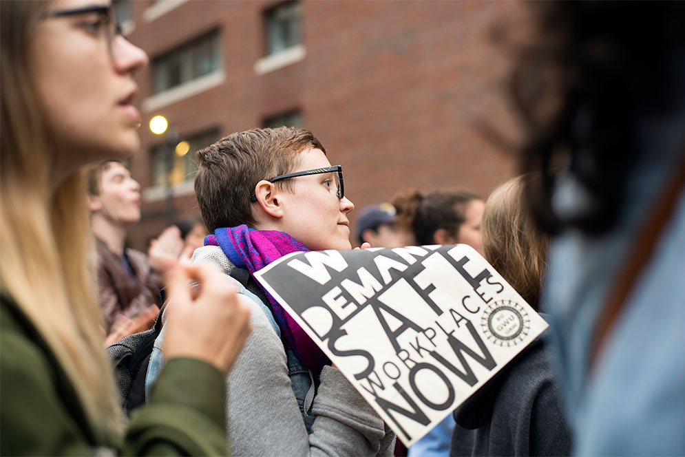 The BU Graduate Workers Union held a Speakout and Rally against Sexual Harassment in Higher Education at the Metcalf Science Center Plaza