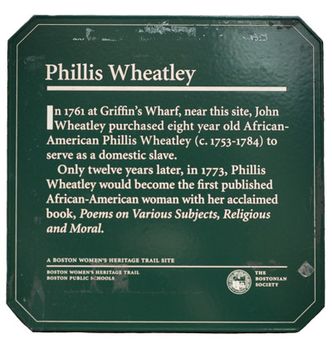 The plaque honoring Wheatley, the first African American woman in the United States to publish a book. Photo by Jackie Ricciardi
