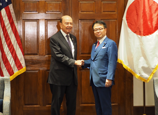 Seko greets US Secretary of Commerce Wilbur Ross in 2017. Courtesy of Hiroshige Seko
