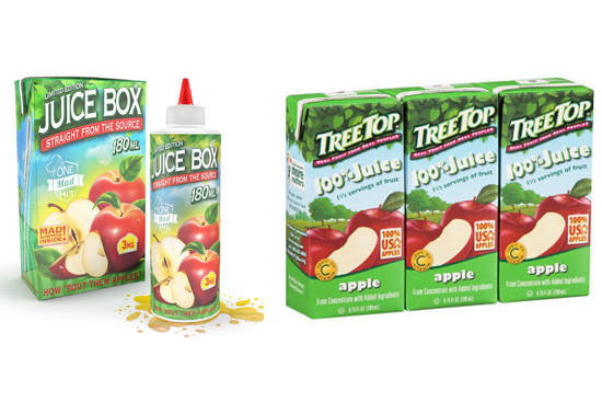 Composite image showing liquid nicotine vape juice packaging that looks like a child's juice box compared to actual apple juice juice boxes.