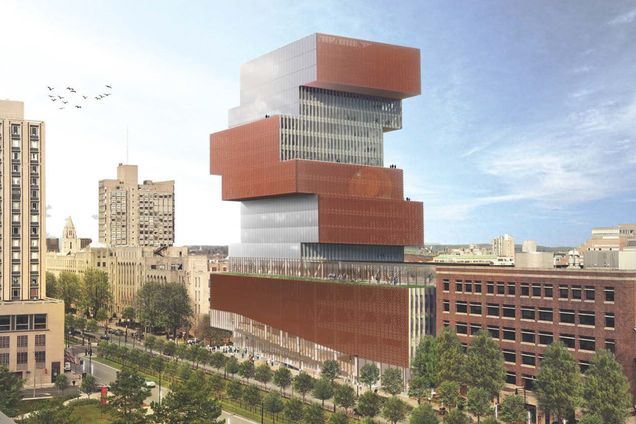 digital rendering of BU's new data sciences center showing a view of the building from the Kilachand Center