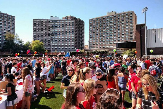 A crowd of students on Nickerson filed during an event