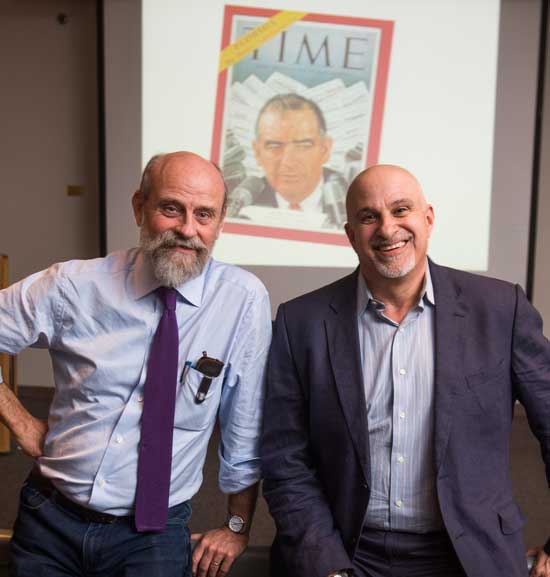 Bruce Schulman and Chris Daly teach a class on media and politics.