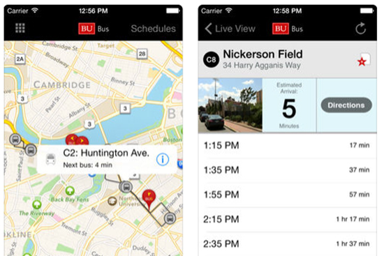 Screenshots of the BU Mobile app