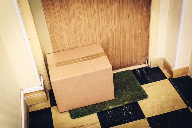 A packages sits outside of an apartment door