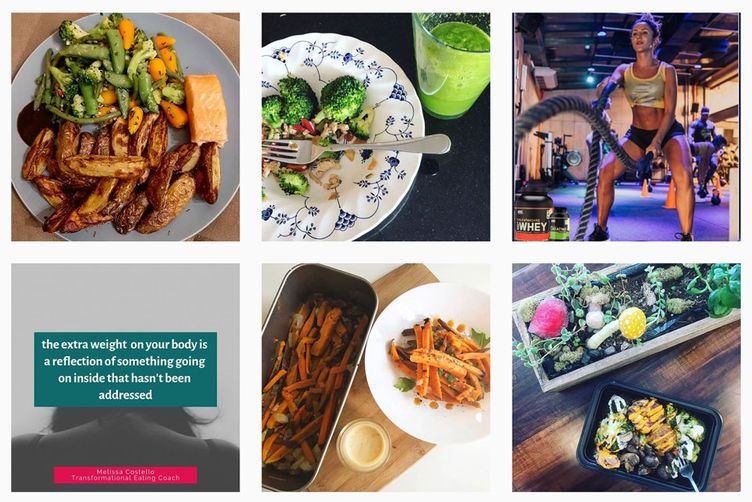 Series of photos found in the #cleaneating feed on Instagram, which is populated by users who post photos publicly using the hashtag. Courtesy of Instagram users: sandraisstgluecklich, charlottesfitnessafter40, bodybuildingstorealbania, karmachow, gosunstove, featuremeals