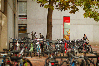 Bikes parked outside of the Mugar Library