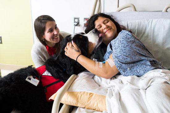 Cara Guenther and Otis visit Darinta Larios in BMC's Pediatric Inpatient Unit