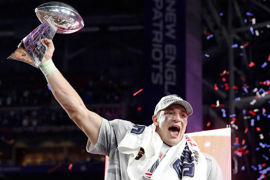 Rob Gronkowski celebrating after one of the super bowls