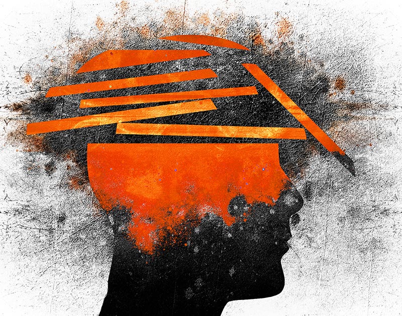 Graphic symbolizing neurotrauma showing the silhouette of a human head with the top blowing off in layers.
