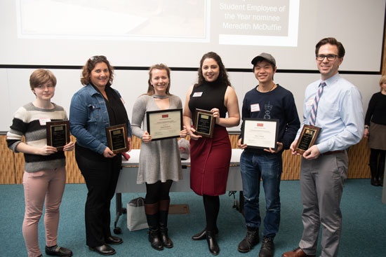 Student employee of the year winners Darya I. Lugina (CAS, CFA'19), from left, Supervisor of the Year winner Randi Rotjan, Grace Robbins (GRS SPH), Jennifer Jaroslavsky (CAS’15, CFA’15,’17,’19), Aaron Hwang (ENG'21), and Supervisor of the Year Runner-Up Scott Kohen at the 30th Annual Student Employee of the Year and Supervisor of the Year Celebration at Kilachand CILCSE April 8, 2019.