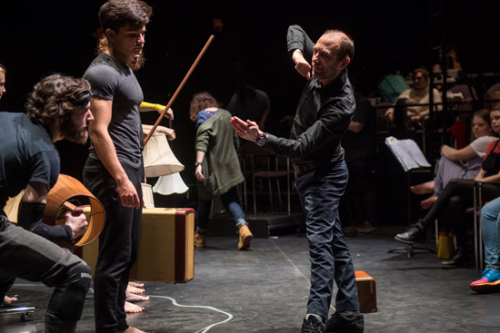 Director Yo-EL Cassell, a CFA assistant professor of movement, working with sophomore Derek Crosby (CFA) as Chama (far left) and sophomore Michael Valladares (CFA) as Orville (left), in rehearsal for Sunlight Interior