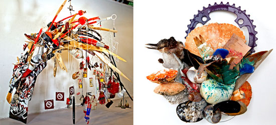 two photos of Bard's work: one is a pile of trash transformed into a wave with pieces hanging from it, another is several small rocks and other beach items arranged like a centerpiece