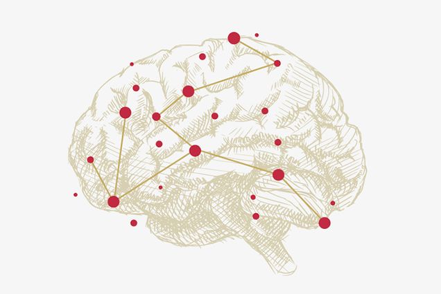 Alzheimer's Disease concept illustration showing a brain with some dots connected by a line and others disconnected.