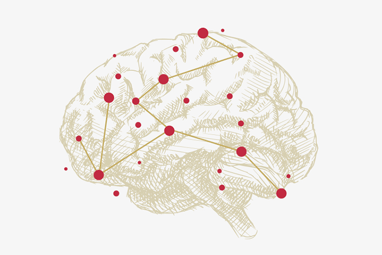 Alzheimer's Disease concept illustration showing a brain with some dots connected by a line and others disconnected.