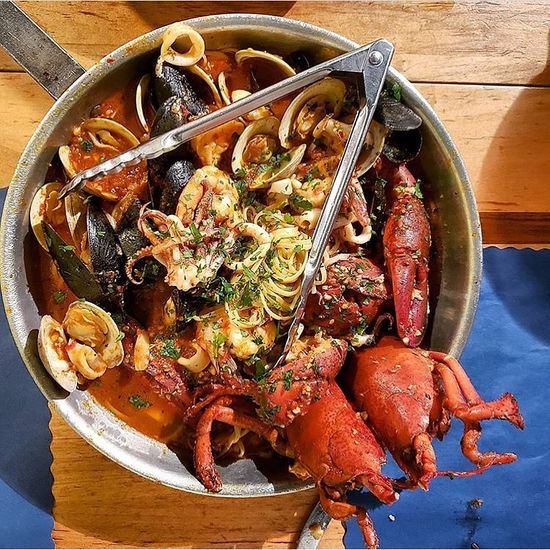 A pot with seafood