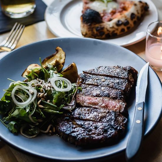 A plate with steak