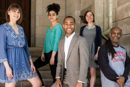 Members of the Class of 2019 selected to speak at Marsh Chapel’s annual “This I Believe” Sunday: Carolyn Hoffman (CAS’19, SPH’20) (from left), Denise-Nicole Stone (CAS’19), Jonathan Allen (LAW’19), Katherine Ward (ENG’19), and Karey Statin (CAS’18, MET'19)
