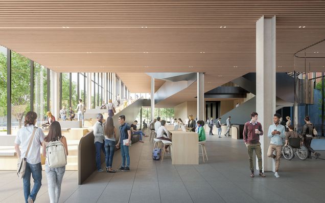 Architectural rendering of an Interior view of the social walkways and collaboration spaces in the Boston University Center for Computing & Data Sciences building.