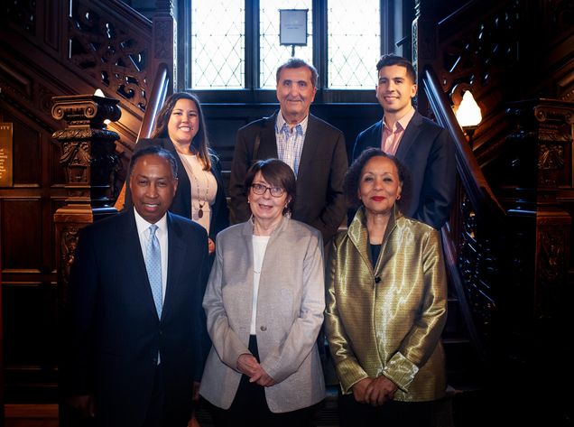 Portrait of the 2019 Boston University Distinguished Alumni Award and Young Alumni Award recipients: Dennis L. Via (front row, from left), Sandra L. Lynch, Carol Jenkins, Pete Souza, (back row, center), Erica V. Mosca (back row, far left) and  Andy X. Vargas.