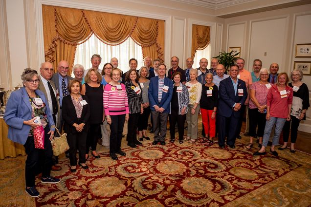 Boston University alumni from the Class of 1969 and earlier pose for a group picture during the Alumni Weekend brunch honoring the Class of 1969 and Golden Terriers.