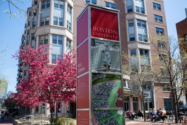 View of wayfinding signage on the Boston University Charles River Campus East.