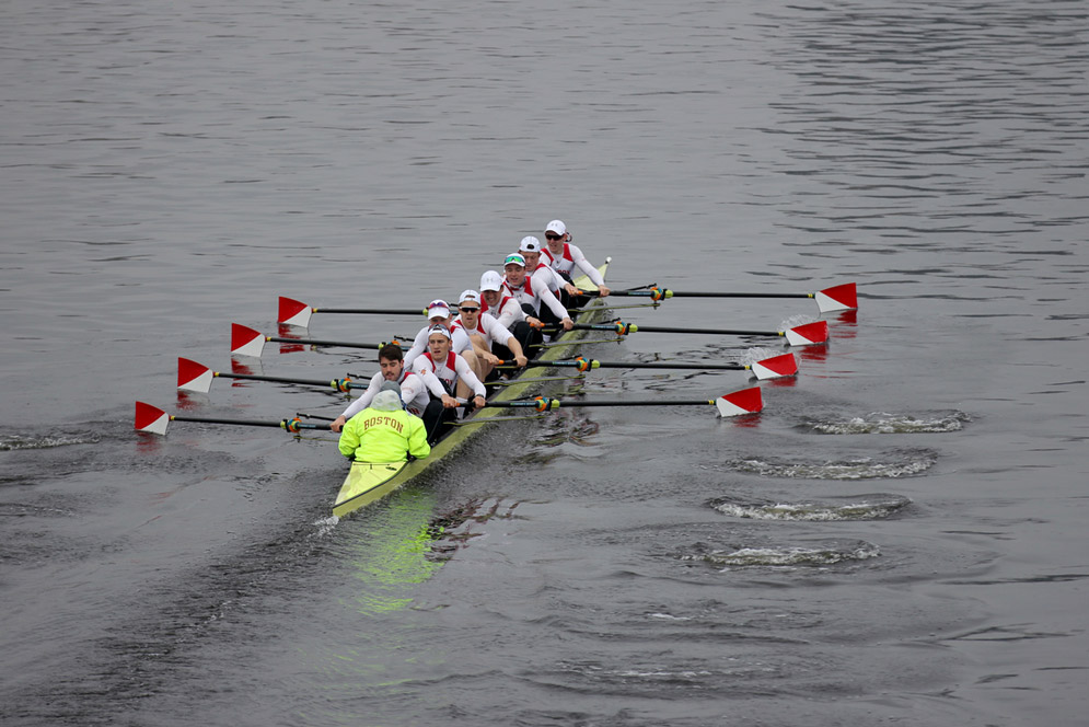 BU Men's rowing team rows on the Charles River