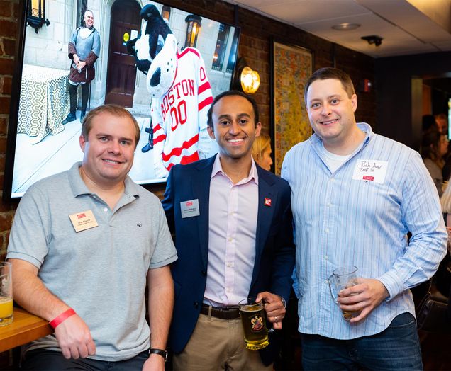 Brad Allworth, Jimson Mullakary, and Rich Avner at Young Alumni Night at Fuller's BU Pub.