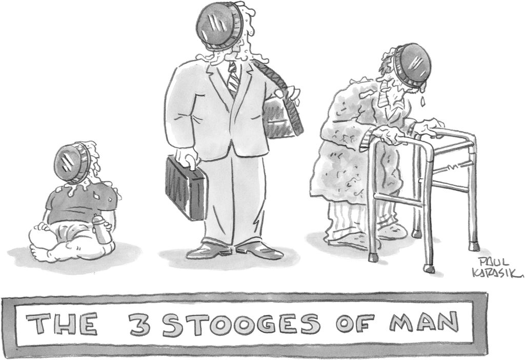 A Paul Karasik cartoon depicting a baby, businessman, and hunched over man holding a walker. Each has a splattered pie on his face. "The 3 Stooges of Man"