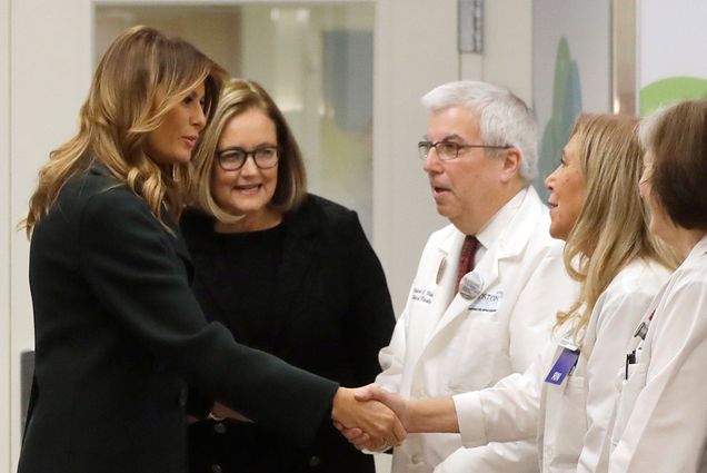 First Lady Melania Trump meets pediatric doctors and nurses as she tours the Boston Medical Center Pediatric Intensive Care Unit with BMC President and CEO Kate Walsh and US Secretary of Health and Human Services Alex Azar.