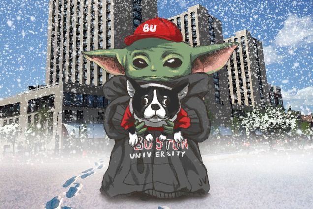 An illustration of Baby Yoda sporting a red BU hat, gray Boston University sweatshirt, holding a Boston Terrier, while standing in front of Warren towers