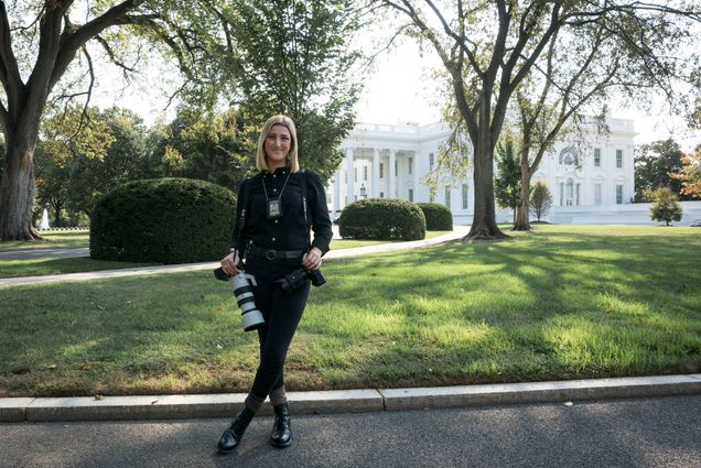 Sarah Silbiger (COM’18) holds her cameras while posing for a photo outside the whitehouse