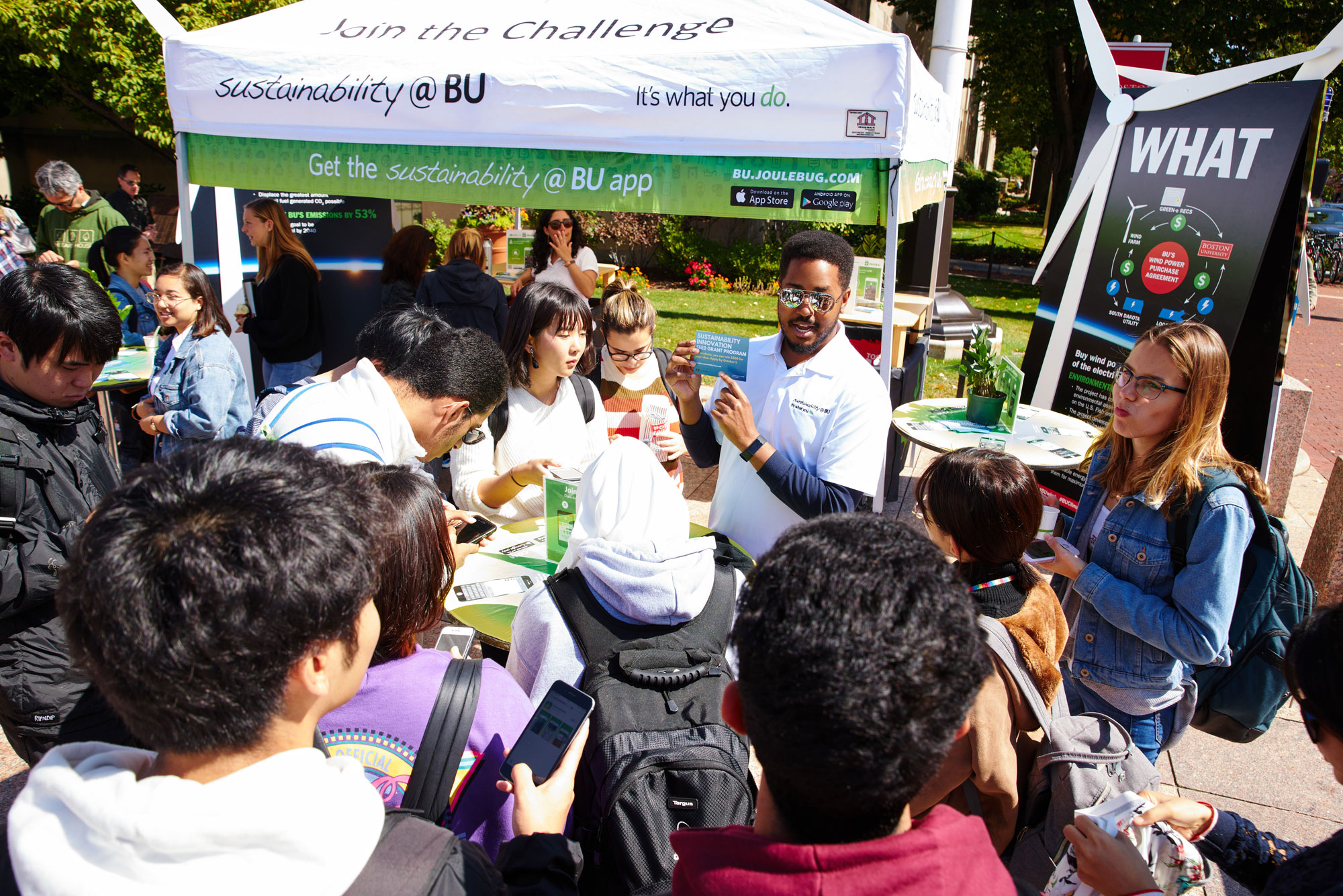 Students gather at the sustainability@bu tent during the sustainability festival