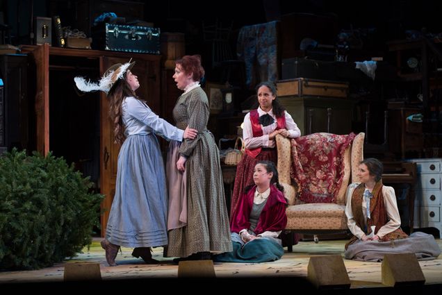 A photo of the "Little Women: The Broadway Musical" production with the characters Jo, Amy, Beth, Meg and Marmee.