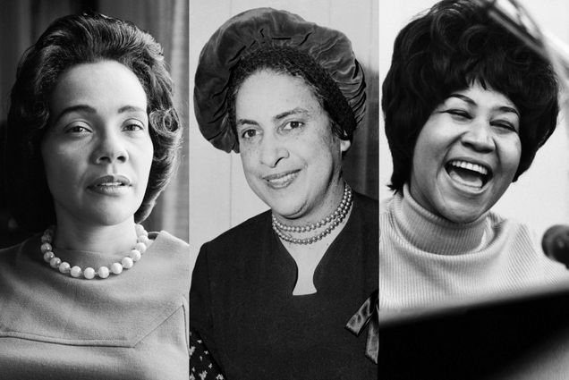 (left to right) Black and white photos of Coretta Scott King, Sue Bailey Thurman, and Aretha Franklin