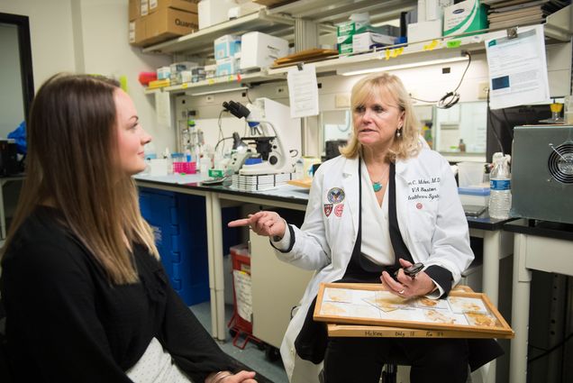Kat j. McAlpine interviews Ann McKee in her research lab about CTE