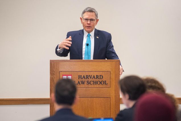 Trump Administration Science Advisor Kelvin K. Droegemeier talks to Boston research officials at the Harvard Law School.