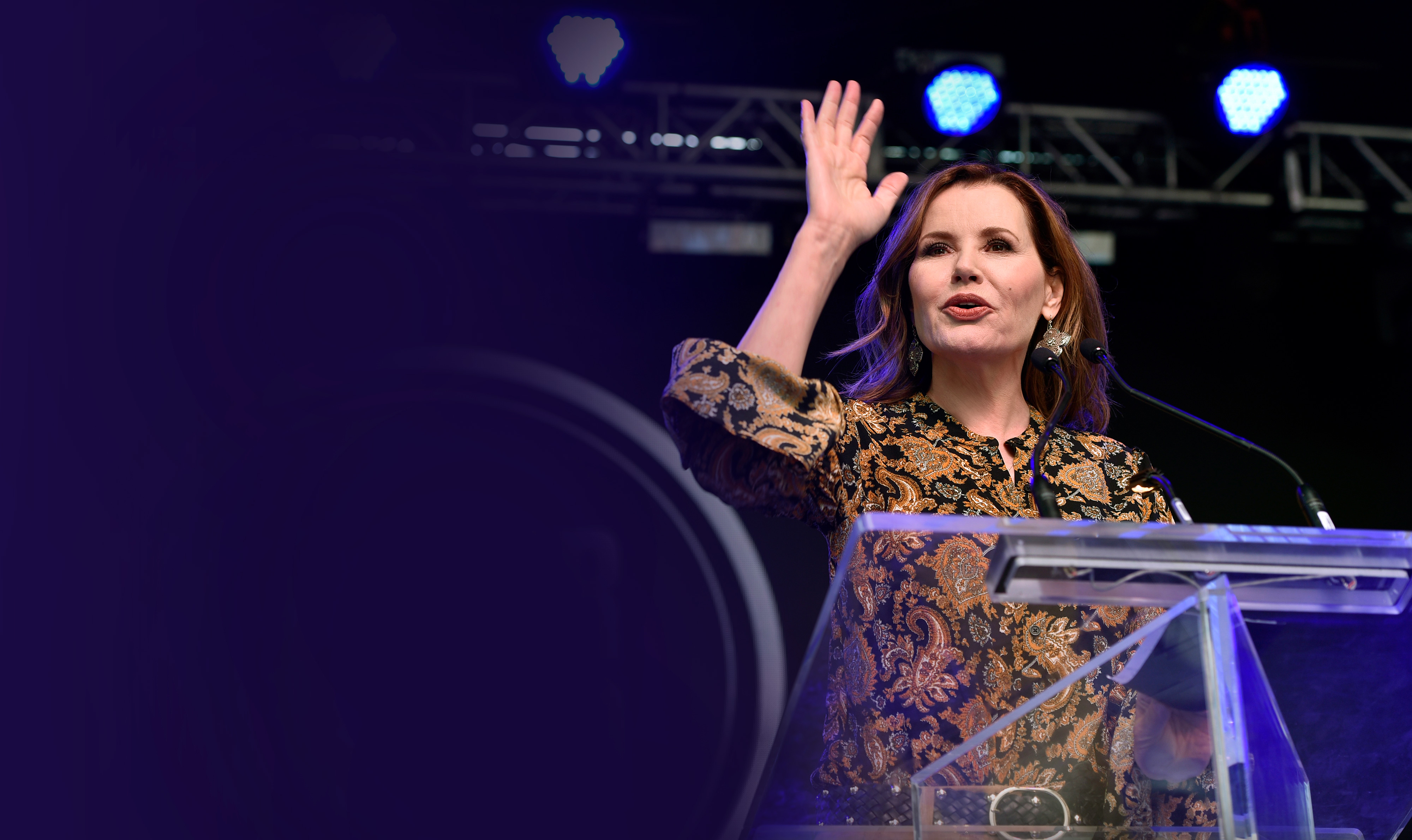 Geena Davis addresses the crowd at the Share Her Journey Rally for Women in Film during the Toronto Film Festival