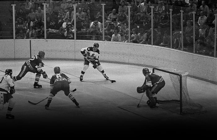 Players on the ice during the Miracle on Ice Olympic ice hockey gold medal game between the United States and Russia.