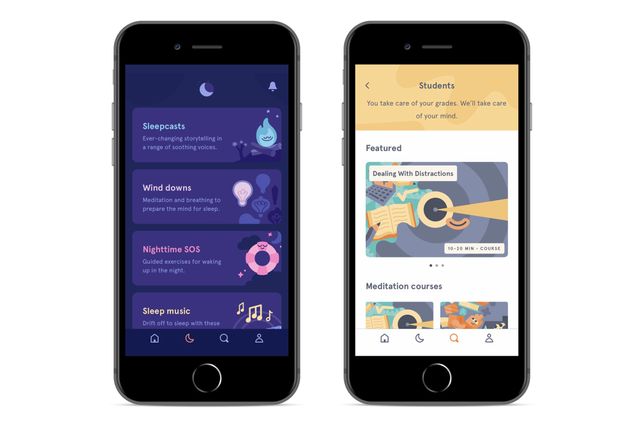 Screenshots of the Sleep and Student suggestions area of the Headspace mediatation and relaxaation app.