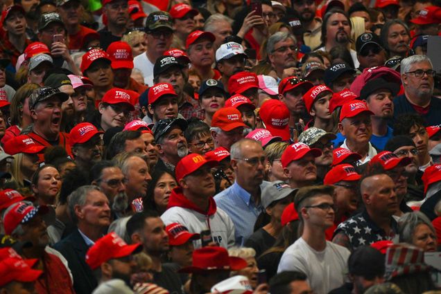 Trump Supporters in Make America Great Again and Keep America Great hats at a rally for President Donald Trump at the Las Vegas Convention Center on Friday, Feb, 21, 2020.