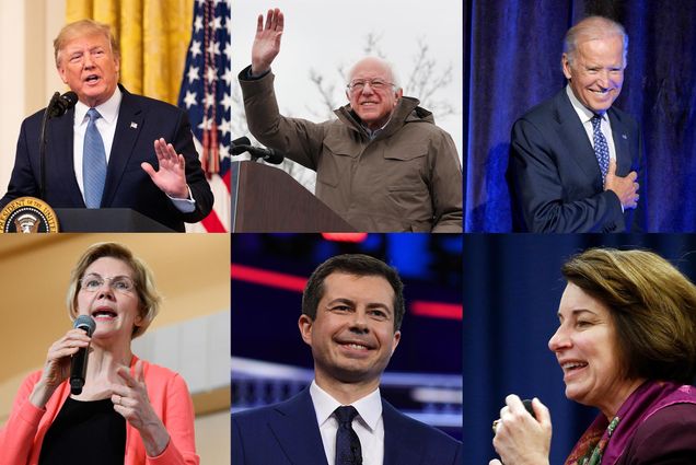 A composite image showing Donald Trump, Elizabeth Warren, Joe Biden, Bernie Sanders, Pete Buttigeg, and Amy Klobuchar