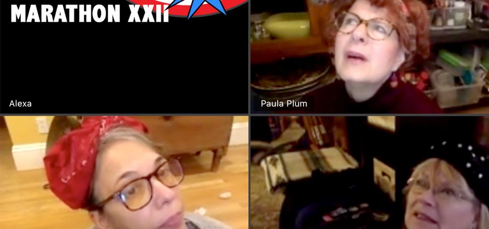Screenshot of members of the BU-based Boston Playwrights’ Theatre (BPT) performing during a zoom call; in the top left corner is the marathon logo which reads “Boston Theater Marathon XXII, special Zoom edition".