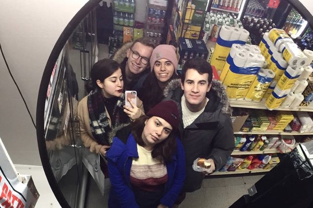 Selfie with Carina Imbornone (CAS’20, GRS’20), Mike Baker (CAS’20, GRS’20), Temma Pelletier (CAS’20), Dan Brown (CAS’20), and Fran Sotomayor (CAS’20) taken in a corner mirror inside a liquor store.