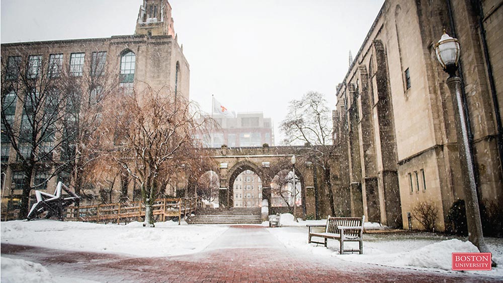 BU themed Zoom virtual background of Marsh Chapel Plaza with light snowfall