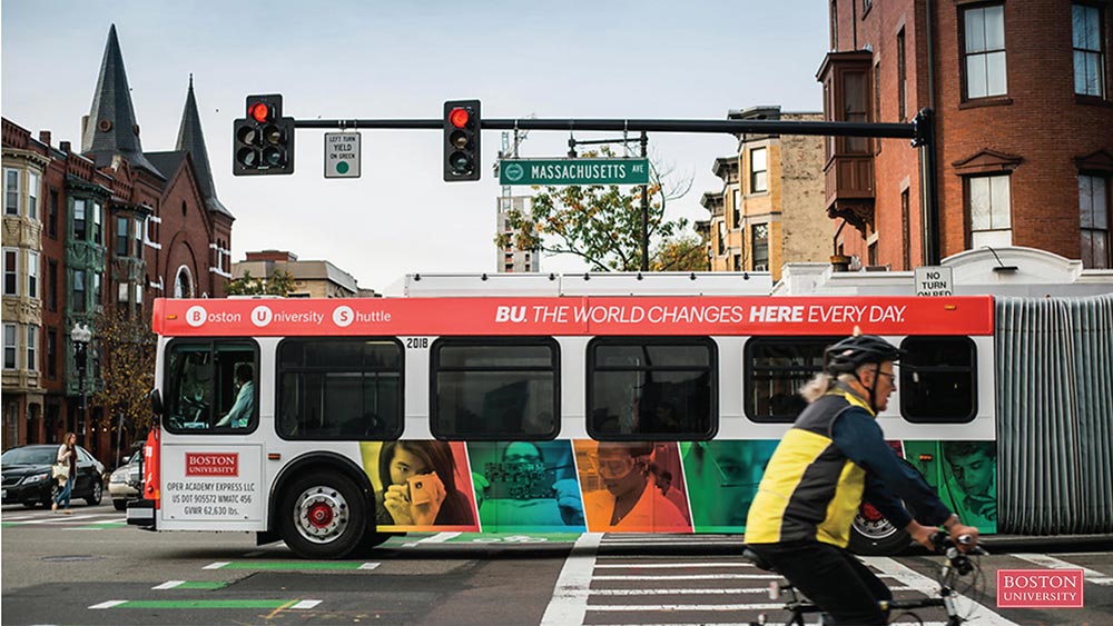 BU themed Zoom virtual background of the BU Shuttle crossing Massachusetts Ave in Boston