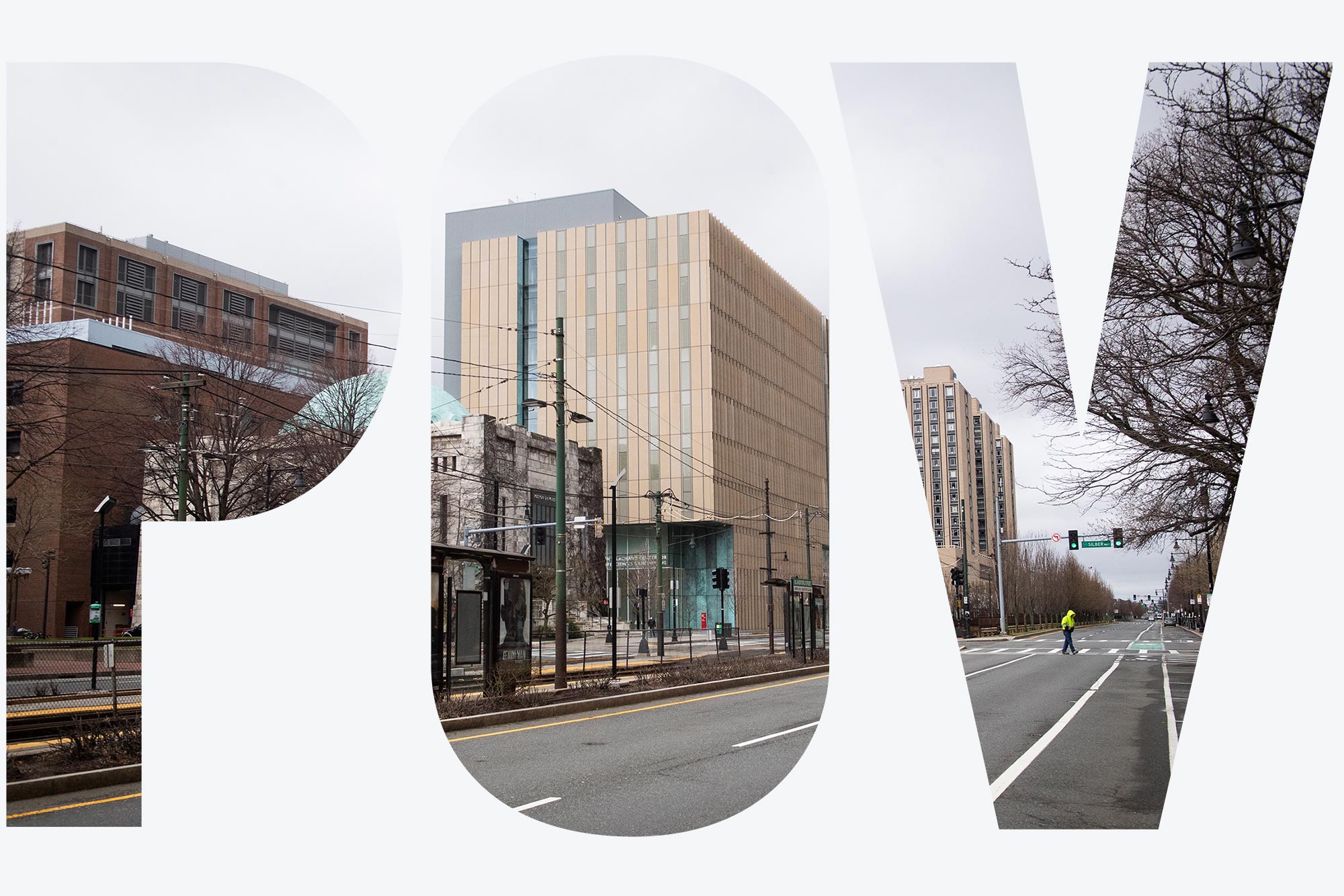 A photo of East Campus of Boston University with a white overlay that reads "POV"